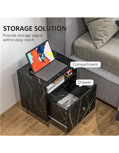 HOMCOM Marble Effect Bedside Table, Modern Side Table with Drawer, Open Shelf and Gold Tone Metal Legs for Bedroom, Living Room, - pic 86001 | FastDaddyshop