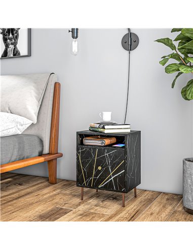 HOMCOM Marble Effect Bedside Table, Modern Side Table with Drawer, Open Shelf and Gold Tone Metal Legs for Bedroom, Living Room,