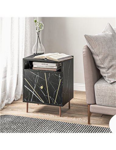 HOMCOM Marble Effect Bedside Table, Modern Side Table with Drawer, Open Shelf and Gold Tone Metal Legs for Bedroom, Living Room,