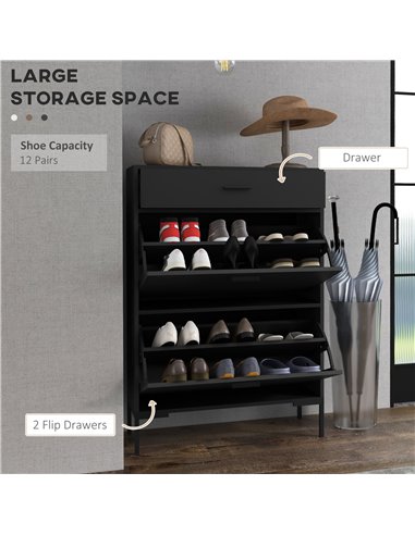 HOMCOM 3 Drawer Shoe Cabinet Cupboard with 2 Flip Doors, Sliding out Drawer and Adjustable Shelf for 12 Pairs of Shoes, Narrow S