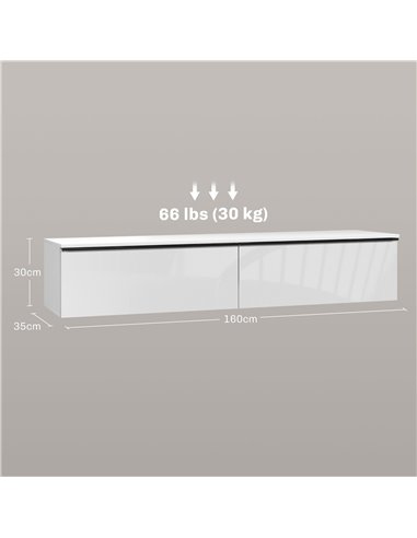 HOMCOM 160cm High Gloss Floating TV Unit Stand for TVs up to 70", Wall Mounted TV Cabinet with Storage Cupboards, White 839-540V