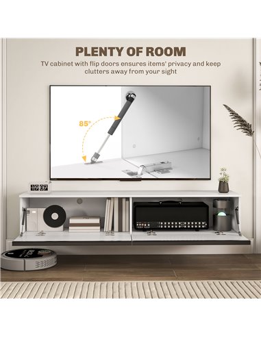 HOMCOM 160cm High Gloss Floating TV Unit Stand for TVs up to 70", Wall Mounted TV Cabinet with Storage Cupboards, White 839-540V
