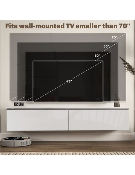 HOMCOM 160cm High Gloss Floating TV Unit Stand for TVs up to 70", Wall Mounted TV Cabinet with Storage Cupboards, White 839-540V - pic 86182 | FastDaddyshop