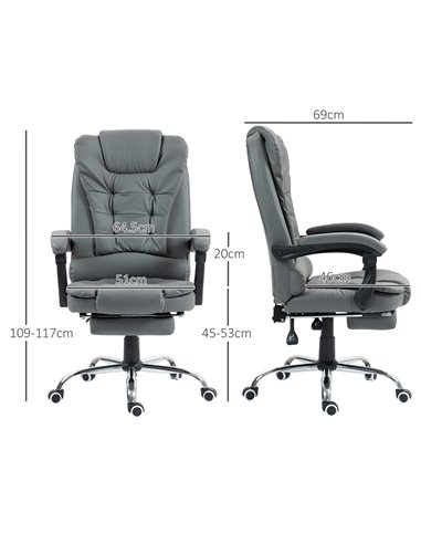 HOMCOM Executive Office Chair, PU Leather Home Office Chair with Swivel Wheels, Reclining Backrest, Retractable Footrest, Grey 9