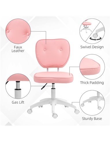 Vinsetto Vanity Office Chair, PU Leather Computer Chair for Home, with Adjustable Height, Armless, Swivel Wheels, Pink 921-687V7