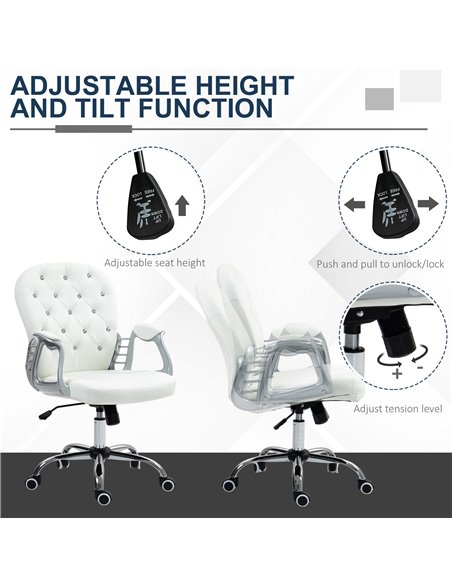Vinsetto Home Office Chair with 360° Swivel, PU Diamante Padded, Base 5 Castor Wheels, Ergonomic Desk Chair for Home Work, White - pic 86531 | FastDaddyshop