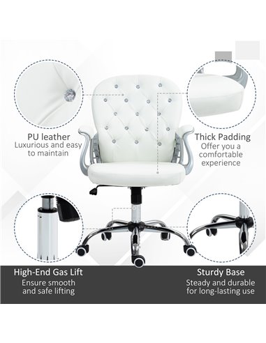 Vinsetto Home Office Chair with 360° Swivel, PU Diamante Padded, Base 5 Castor Wheels, Ergonomic Desk Chair for Home Work, White