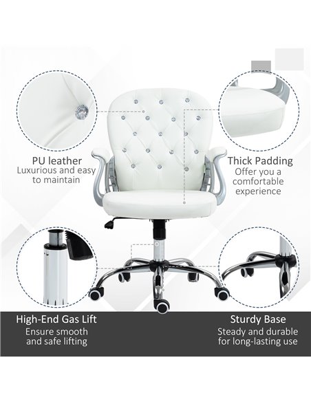 Vinsetto Home Office Chair with 360° Swivel, PU Diamante Padded, Base 5 Castor Wheels, Ergonomic Desk Chair for Home Work, White - pic 86532 | FastDaddyshop