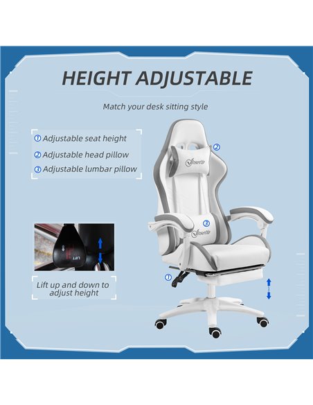 Vinsetto Racing Gaming Chair, Reclining PU Leather Computer Chair w/ 360 Degree Swivel Seat, Footrest, Headrest & Lumber, White  - pic 86594 | FastDaddyshop