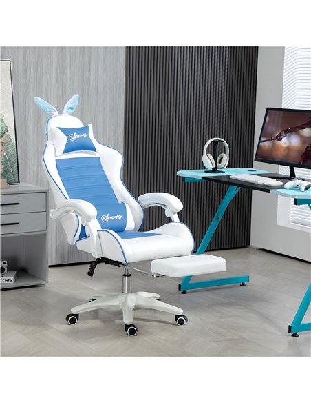 Vinsetto Racing Gaming Chair, Reclining PU Leather Computer Chair with Removable Rabbit Ears, Footrest and Lumber Support, Blue  - pic 86619 | FastDaddyshop