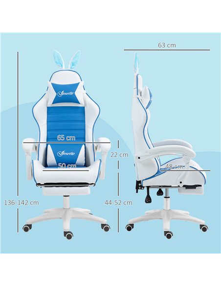 Vinsetto Racing Gaming Chair, Reclining PU Leather Computer Chair with Removable Rabbit Ears, Footrest and Lumber Support, Blue  - pic 86620 | FastDaddyshop