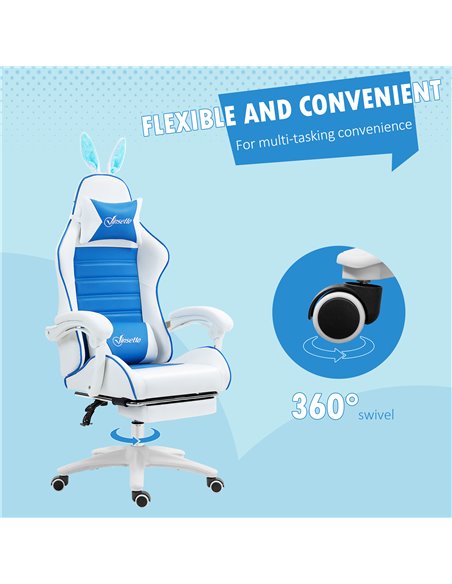 Vinsetto Racing Gaming Chair, Reclining PU Leather Computer Chair with Removable Rabbit Ears, Footrest and Lumber Support, Blue  - pic 86624 | FastDaddyshop