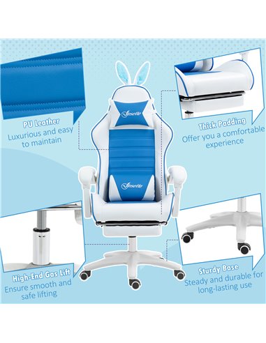 Vinsetto Racing Gaming Chair, Reclining PU Leather Computer Chair with Removable Rabbit Ears, Footrest and Lumber Support, Blue 