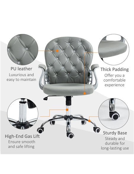 Vinsetto Computer Desk Chair with 360° Swivel, PU Diamante Padded, Base 5 Castor Wheels, Ergonomic Desk Chair for Home Work, Gre - pic 86721 | FastDaddyshop