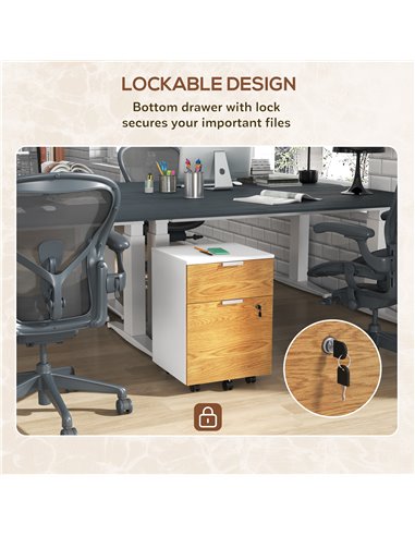 HOMCOM 2 Drawer Filing Cabinet w/ Lock & Wheels, Mobile File Cabinet w/ Adjustable Hanging Bars for A4 & Letter, Under Desk Offi