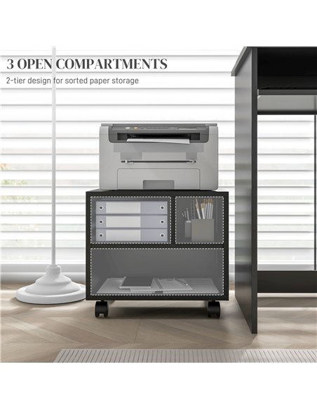HOMCOM 2-Tier Printer Stand with Storage, Under Desk Printer Cart on Wheels with 3 Compartments, Desktop Printer Table for Offic - pic 86909 | FastDaddyshop