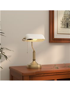 HOMCOM Banker's Desk Lamp with Antique Bronze Tone Base, Table Lamp with White Glass Shade for Home Office, White B31-288V70WT 2