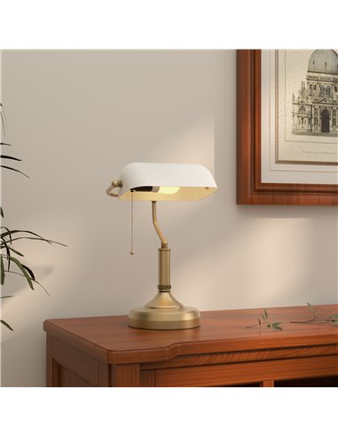 HOMCOM Banker's Desk Lamp with Antique Bronze Tone Base, Table Lamp with White Glass Shade for Home Office, White B31-288V70WT