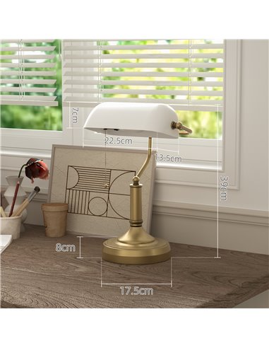 HOMCOM Banker's Desk Lamp with Antique Bronze Tone Base, Table Lamp with White Glass Shade for Home Office, White B31-288V70WT