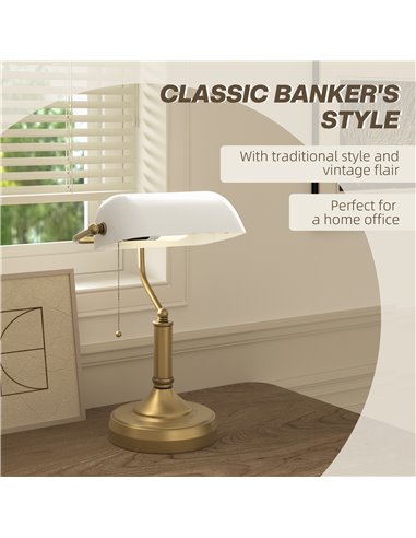 HOMCOM Banker's Desk Lamp with Antique Bronze Tone Base, Table Lamp with White Glass Shade for Home Office, White B31-288V70WT