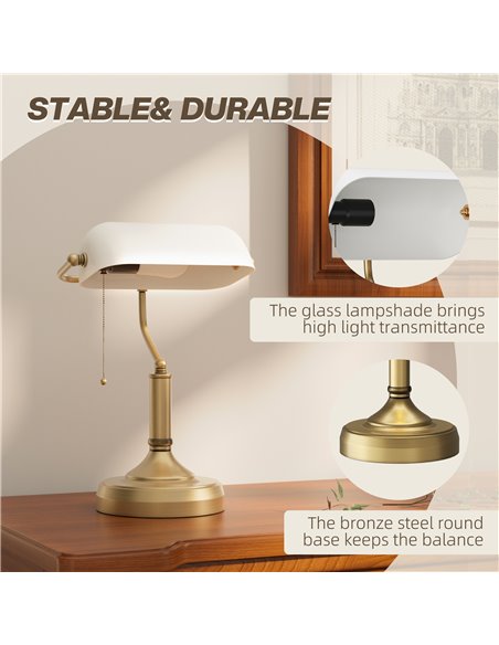 HOMCOM Banker's Desk Lamp with Antique Bronze Tone Base, Table Lamp with White Glass Shade for Home Office, White B31-288V70WT - pic 86955 | FastDaddyshop