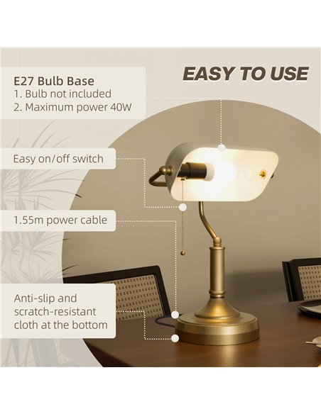 HOMCOM Banker's Desk Lamp with Antique Bronze Tone Base, Table Lamp with White Glass Shade for Home Office, White B31-288V70WT - pic 86956 | FastDaddyshop