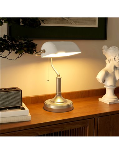 HOMCOM Banker's Desk Lamp with Antique Bronze Tone Base, Table Lamp with White Glass Shade for Home Office, White B31-288V70WT