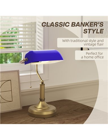 HOMCOM Banker's Desk Lamp with Antique Bronze Tone Base, Table Lamp with Blue Glass Shade for Home Office, Blue B31-288V70BU