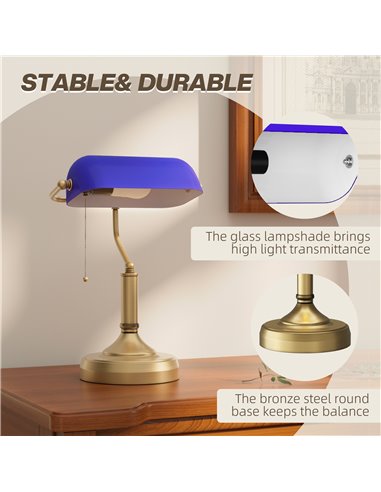 HOMCOM Banker's Desk Lamp with Antique Bronze Tone Base, Table Lamp with Blue Glass Shade for Home Office, Blue B31-288V70BU