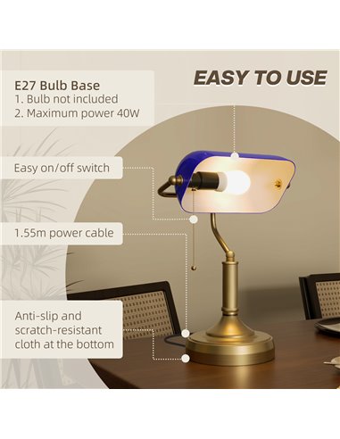 HOMCOM Banker's Desk Lamp with Antique Bronze Tone Base, Table Lamp with Blue Glass Shade for Home Office, Blue B31-288V70BU