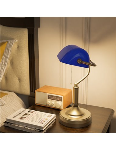 HOMCOM Banker's Desk Lamp with Antique Bronze Tone Base, Table Lamp with Blue Glass Shade for Home Office, Blue B31-288V70BU