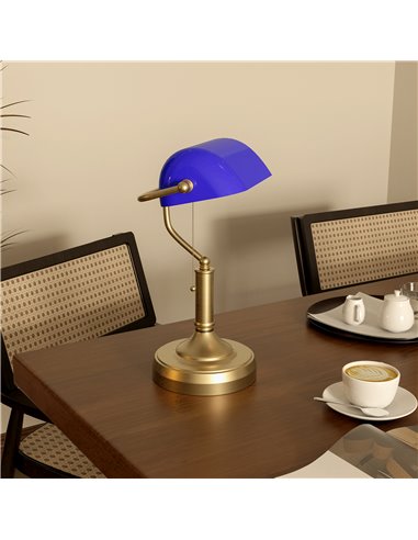 HOMCOM Banker's Desk Lamp with Antique Bronze Tone Base, Table Lamp with Blue Glass Shade for Home Office, Blue B31-288V70BU