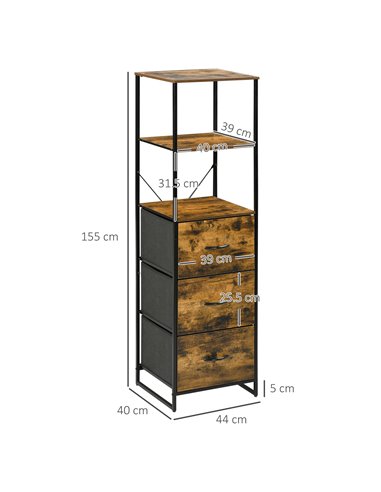 HOMCOM Industrial-Style Bookshelf, Tall Bookcase w/ 2 Open Shelves & 3 Foldable Fabric Drawers, Multifunctional Storage Unit, Ru