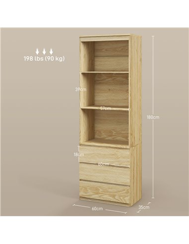 HOMCOM 180cm Tall Bookcase w/ Storage, Free Standing Bookshelf w/ 3 Shelves & 3 Drawers, Display Cabinet for Living Room, Home, 