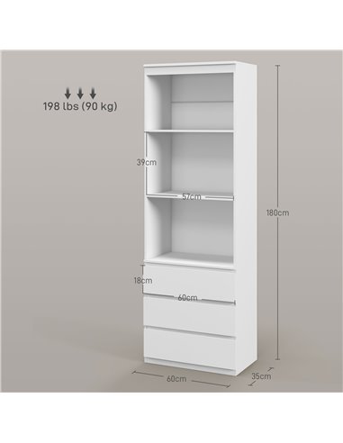 HOMCOM 180cm Tall Bookcase, with Shelves and Drawers - White 836-564V00WT