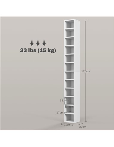 HOMCOM 204 CD Storage Unit, DVD Storage Tower with 12 Cubes, 175cm Tall Bookcase for Living Room, Home Office, Study Room, White