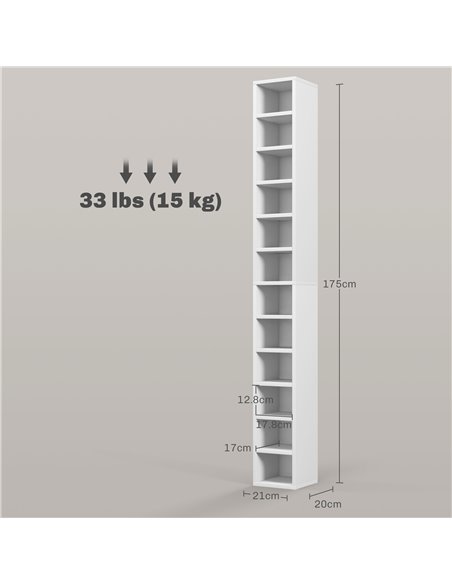 HOMCOM 204 CD Storage Unit, DVD Storage Tower with 12 Cubes, 175cm Tall Bookcase for Living Room, Home Office, Study Room, White - pic 87205 | FastDaddyshop