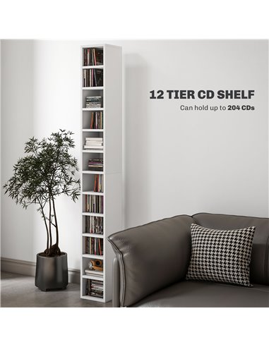 HOMCOM 204 CD Storage Unit, DVD Storage Tower with 12 Cubes, 175cm Tall Bookcase for Living Room, Home Office, Study Room, White