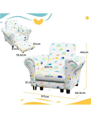 AIYAPLAY 2 Piece Kids Sofa Set with Cloud Design, Wooden Frame, for 1.5-3 Years Old, White 310-083V70WT