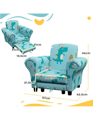 AIYAPLAY 2 Piece Kids Sofa Set with Dinosaur Design, Wooden Frame, for 1.5-3 Years Old, Blue 310-083V70BU
