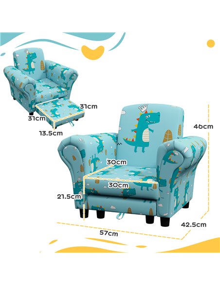 AIYAPLAY 2 Piece Kids Sofa Set with Dinosaur Design, Wooden Frame, for 1.5-3 Years Old, Blue 310-083V70BU - pic 87223 | FastDaddyshop