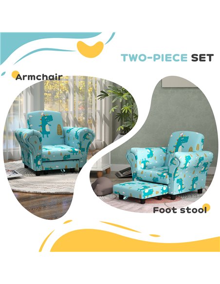 AIYAPLAY 2 Piece Kids Sofa Set with Dinosaur Design, Wooden Frame, for 1.5-3 Years Old, Blue 310-083V70BU - pic 87224 | FastDaddyshop