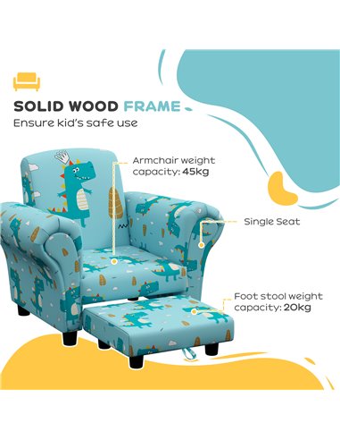 AIYAPLAY 2 Piece Kids Sofa Set with Dinosaur Design, Wooden Frame, for 1.5-3 Years Old, Blue 310-083V70BU