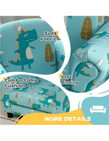 AIYAPLAY 2 Piece Kids Sofa Set with Dinosaur Design, Wooden Frame, for 1.5-3 Years Old, Blue 310-083V70BU
