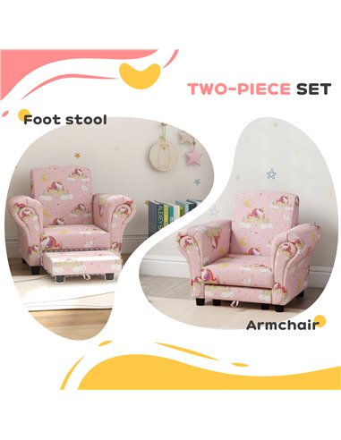 AIYAPLAY 2 Piece Kids Sofa Set with Unicorn Design, Wooden Frame, for 1.5-3 Years Old, Pink 310-083V70PK