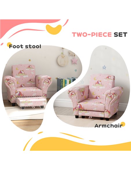 AIYAPLAY 2 Piece Kids Sofa Set with Unicorn Design, Wooden Frame, for 1.5-3 Years Old, Pink 310-083V70PK - pic 87278 | FastDaddyshop