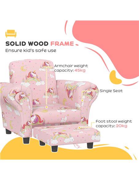 AIYAPLAY 2 Piece Kids Sofa Set with Unicorn Design, Wooden Frame, for 1.5-3 Years Old, Pink 310-083V70PK - pic 87279 | FastDaddyshop