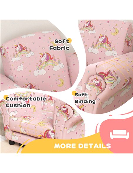 AIYAPLAY 2 Piece Kids Sofa Set with Unicorn Design, Wooden Frame, for 1.5-3 Years Old, Pink 310-083V70PK - pic 87280 | FastDaddyshop