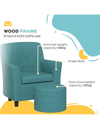 AIYAPLAY 2PCs Kids Sofa Set with Footrest, for Playroom, Bedroom, Blue 310-081V70BU