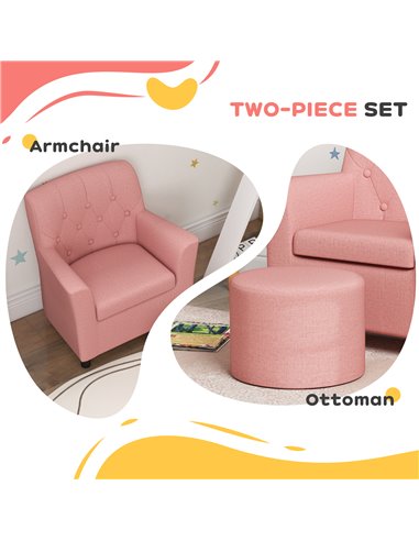 AIYAPLAY 2PCs Kids Sofa Set with Footrest, for Playroom, Bedroom, Pink 310-081V70PK